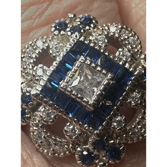 Art Deco Style Lab Created Diamond & Sapphire Sterling Silver Ring Sz 7 - Picture 4 of 8